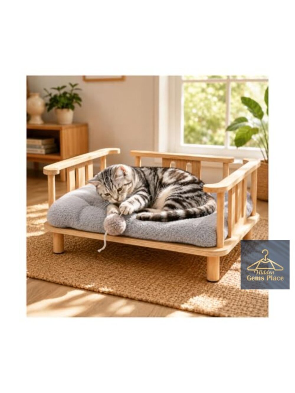 Solid Wood Raised Pet Bed with Machine Washable Plush Mattress Pet Couch for